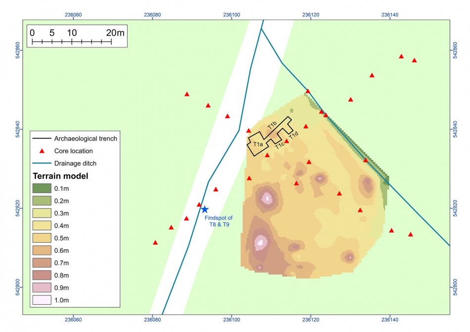 A digital terrain model of the site showing the location of the mounds (A. Crone & G. Cavers, 2015)
